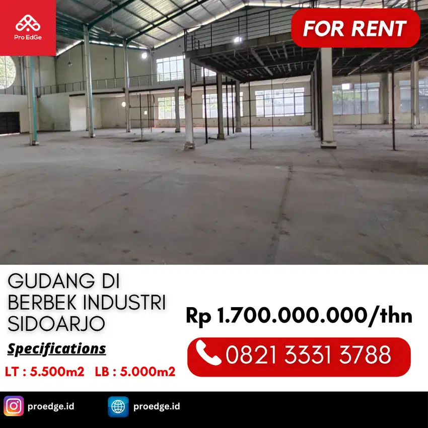 Disewakan Gudang 5000m2 di Berbek Inudstri Sidoarjo
