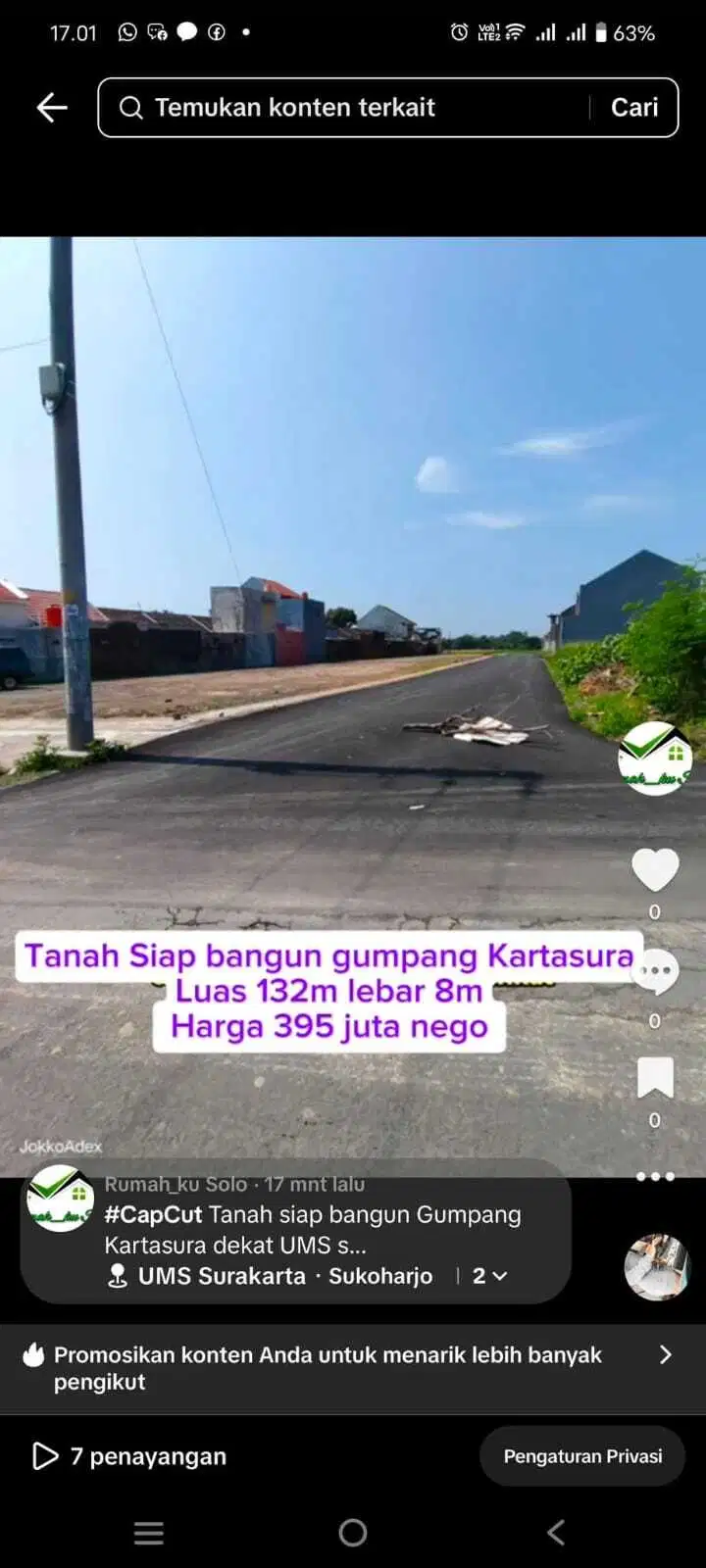 Tanah kavling 132m gumpang Kartasura selatan UMS solo