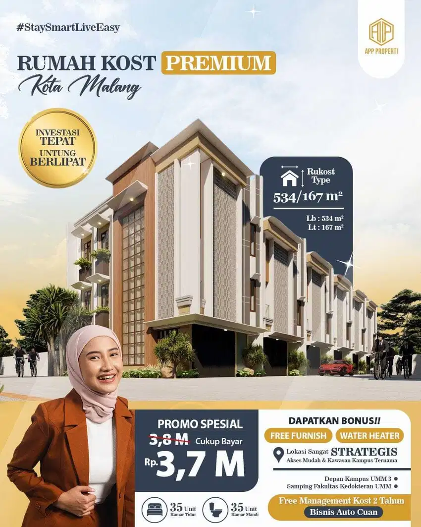 RUMAH KOS 35 KT & 35 KM 3 LANTAI DEPAN  KAMPUS UMM KOTA MALANG