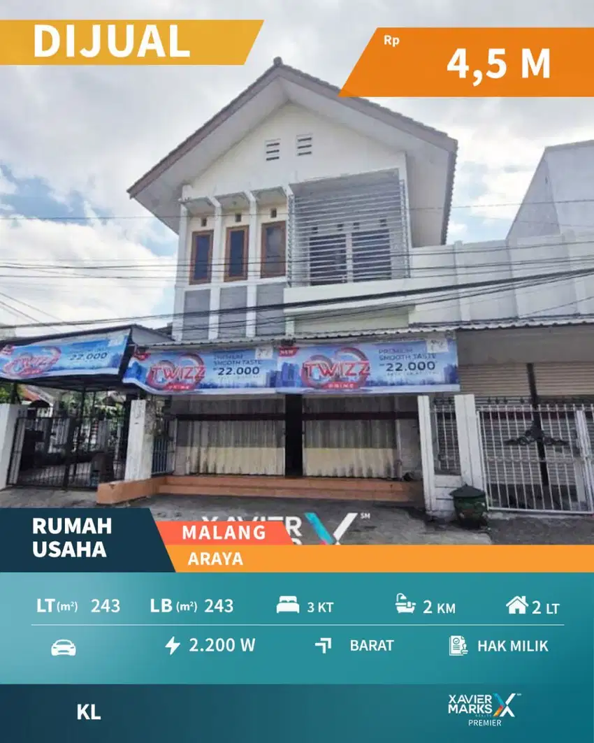 Dijual Rumah Usaha Posisi Hook di Araya Malang