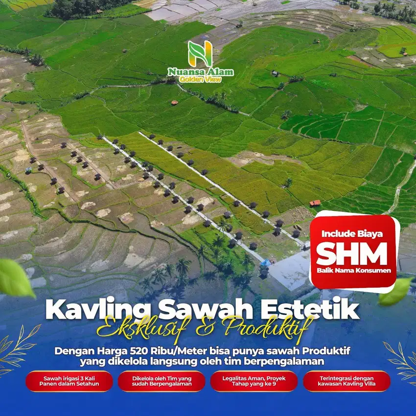 Dijual tanah sawah murah legalitas SHM estetik dan view yang indah