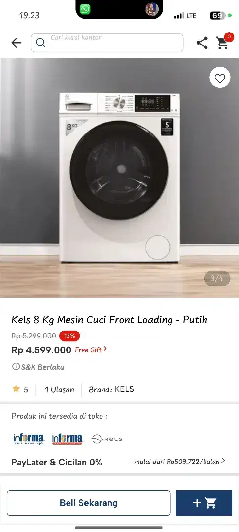 Kels 8kg Mesin Cuci front loading - Putih