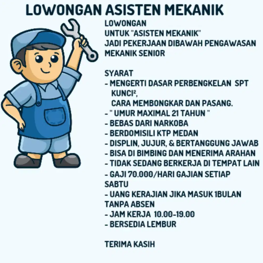 Lowongan kerja asisten mekanik