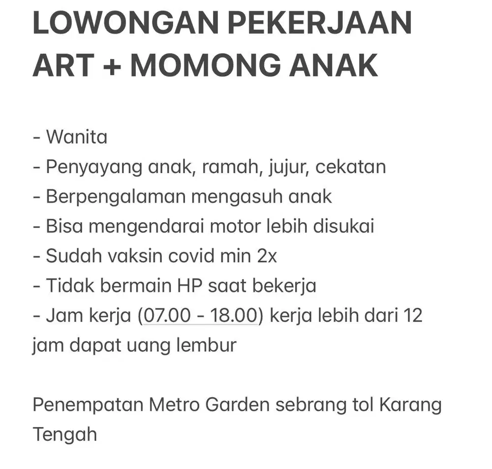 Dicari ART + Pengasuh anak PP