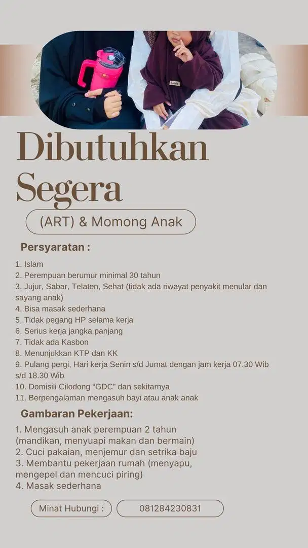 Dibutuhkan Segera Asisten Rumah Tangga (ART) Momong Anak