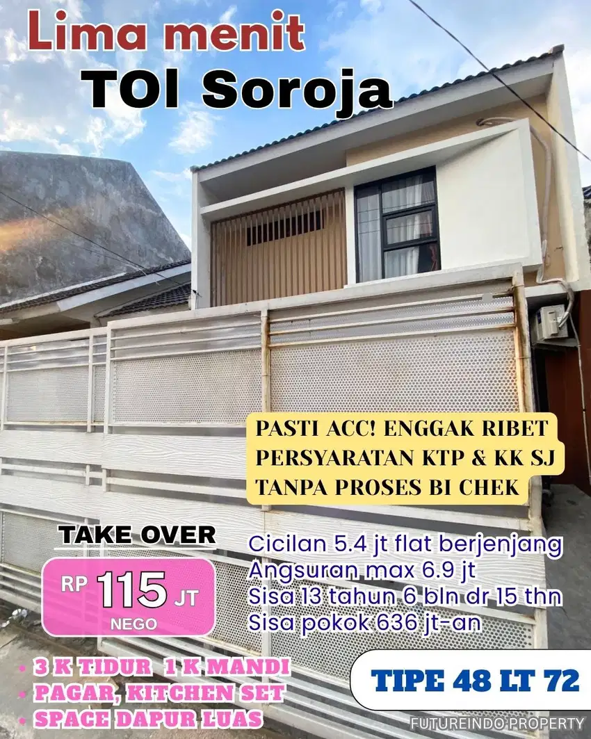 Rumah 3 kamar tidur di Cluster 5mnt ke Gerbang TOl Soroja Over Kredit