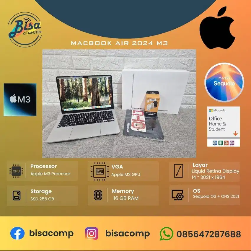 Macbook Air 2024 M3 SSD 256gb Ram 16gb 14inchRETINAXDR Garansi iBoX