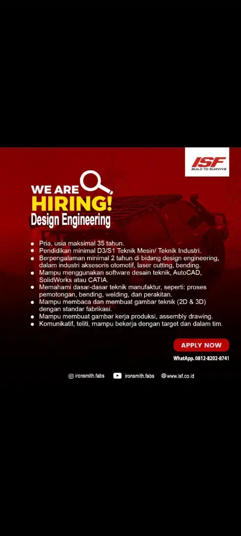 WELDER, DESIGN ENGINEERING, PURCHASING, OPERATOR MESIN CNC BENDING