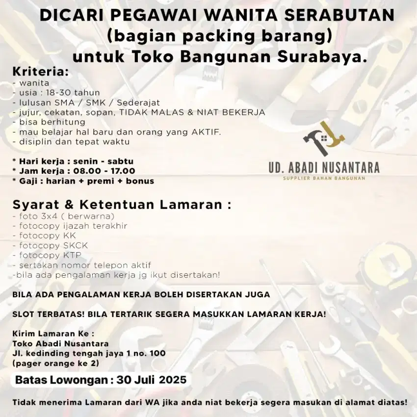 Dicari wanita serabutan untk packing barang toko bangunan surabaya