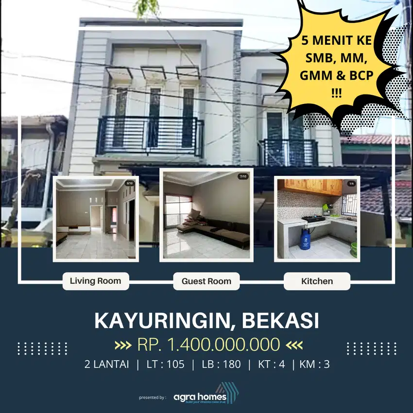 RUMAH MEWAH 2 LANTAI KAYURINGIN DEKAT MALL BESAR DI BEKASI