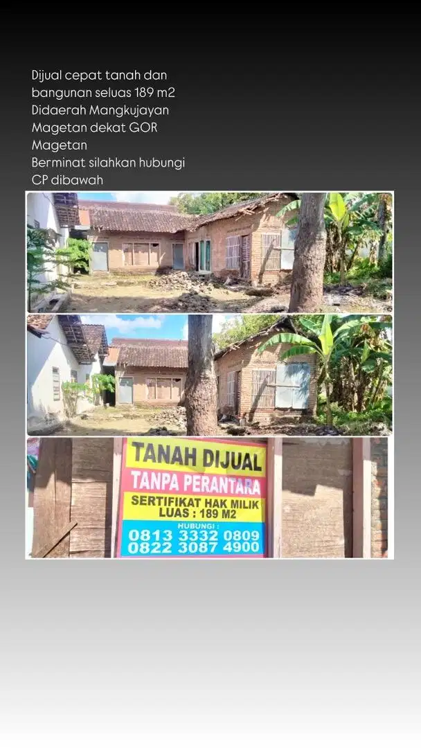 DIJUAL TANAH BANGUNAN CEPAT TANPA PERANTARA