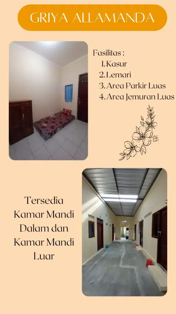 Kost Griya Allamanda sedia kamar mandi dalam dan luar