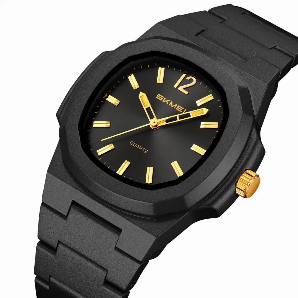 Jam tangan analog fiber keren sk2383 black gold pria fashion
