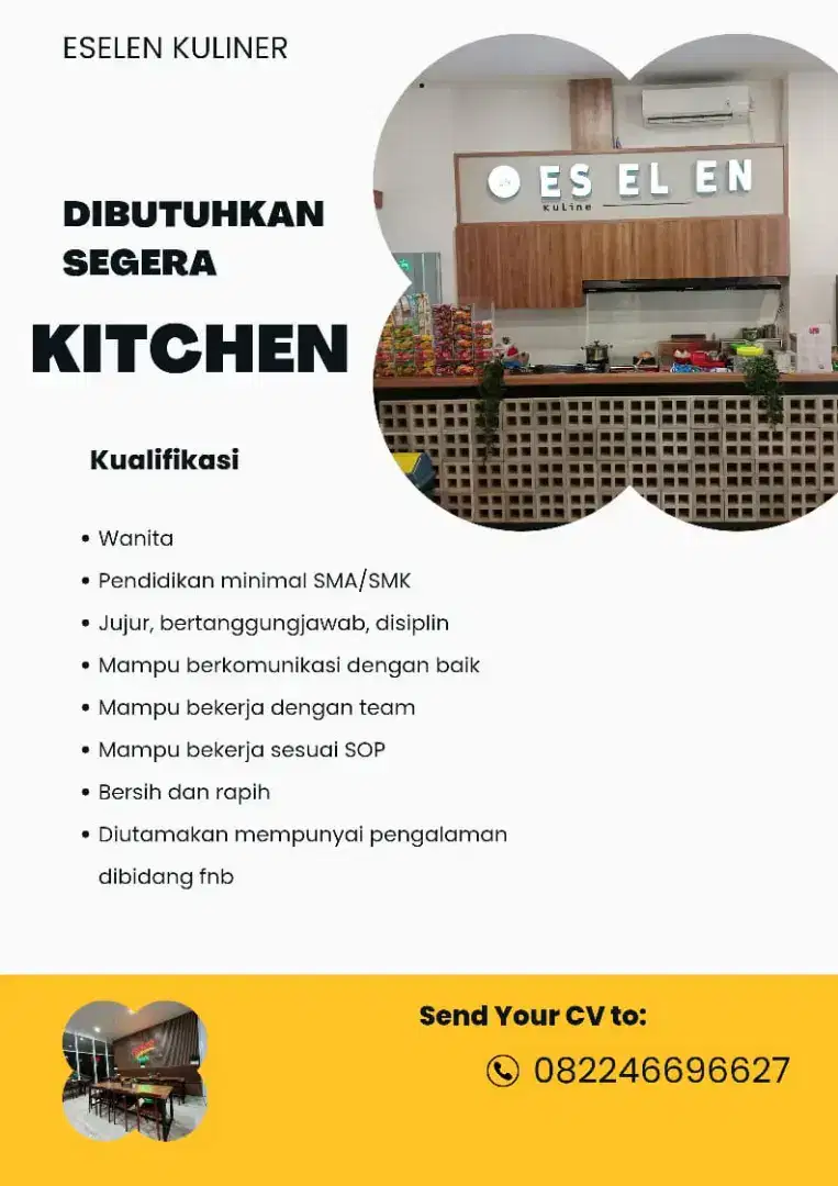 Di butuhkan segera tukang masak, fresh graduate boleh melamar