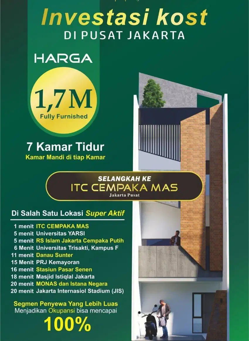 Rumah kost kos kosan jakarta pusat dekat tol stasiun ITC cempaka mas
