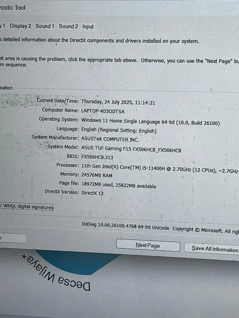 Dijual! Asus TUF Gaming F15 FX506HCB i5-11400H RTX 3050 RAM 24gb