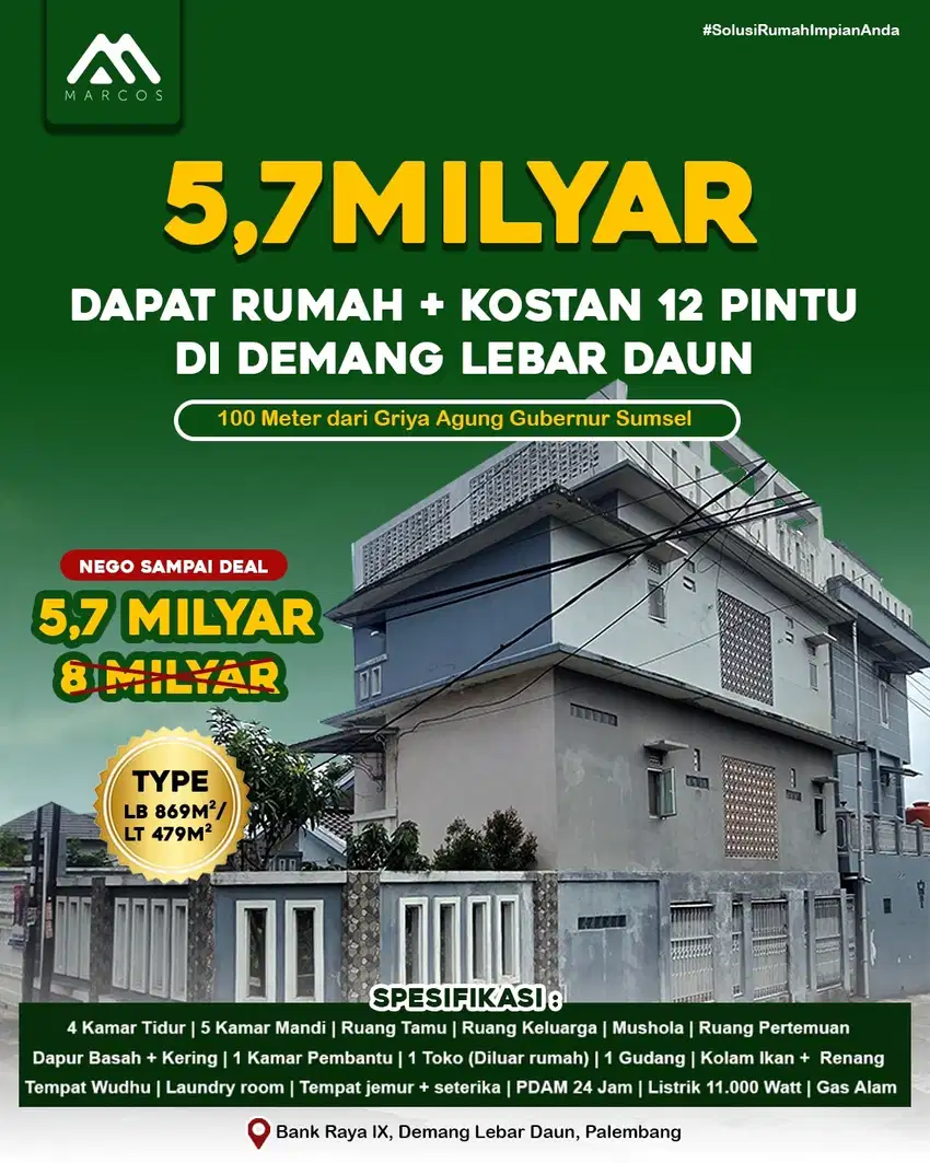 Hunian Mewah 2 lantai, Sekaligus Bisnis Kos2an di Demang lebar daun