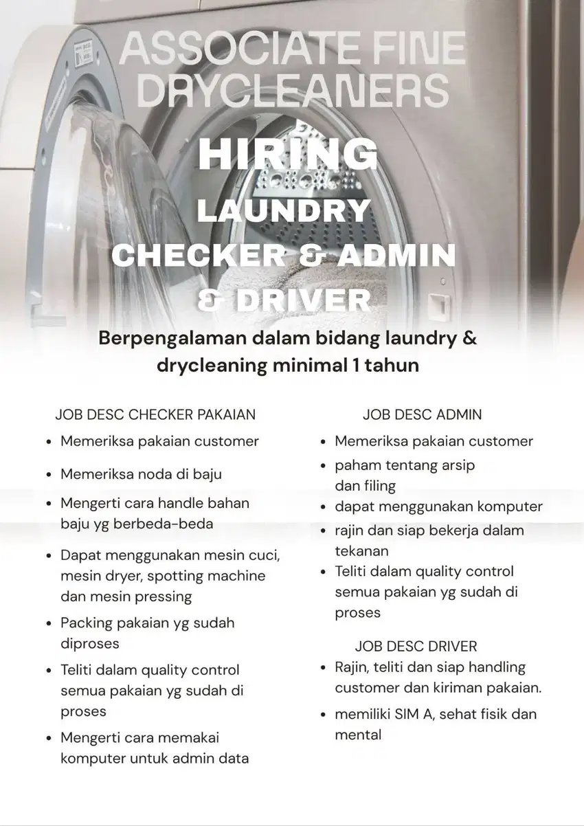 DICARI LAUNDRY / DRY CLEAN CHECKER , ADMIN, DRIVER ANTAR BARANG