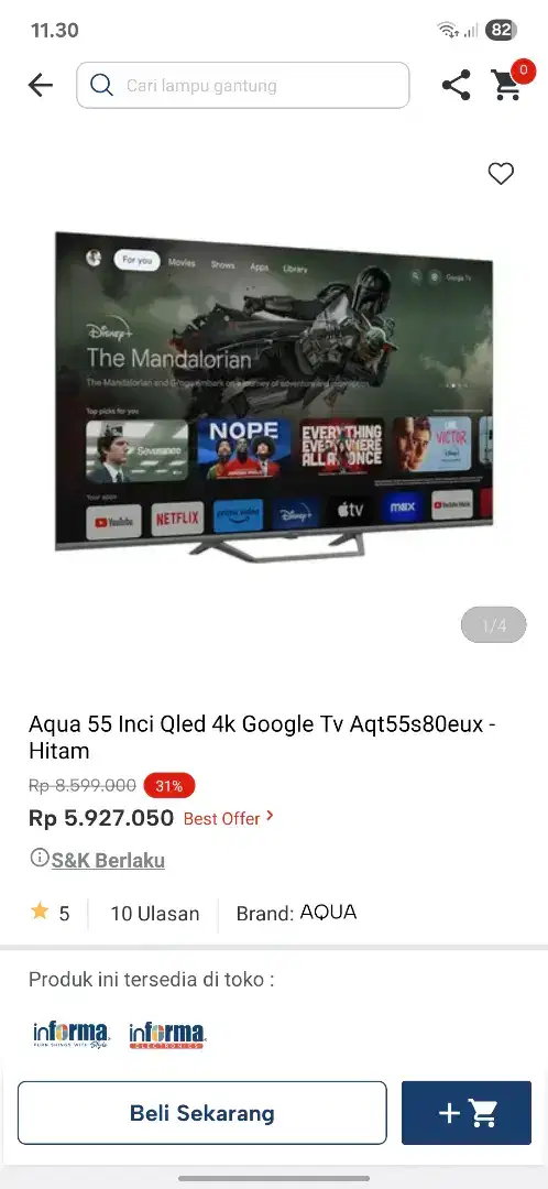 Ready stok tv 55 inc aqua google tv