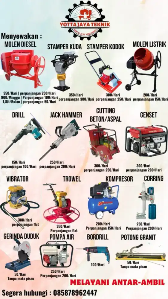 Sewa Molen Stamper Vibrator Jack Drill bor hammer Coring Genset Trowel