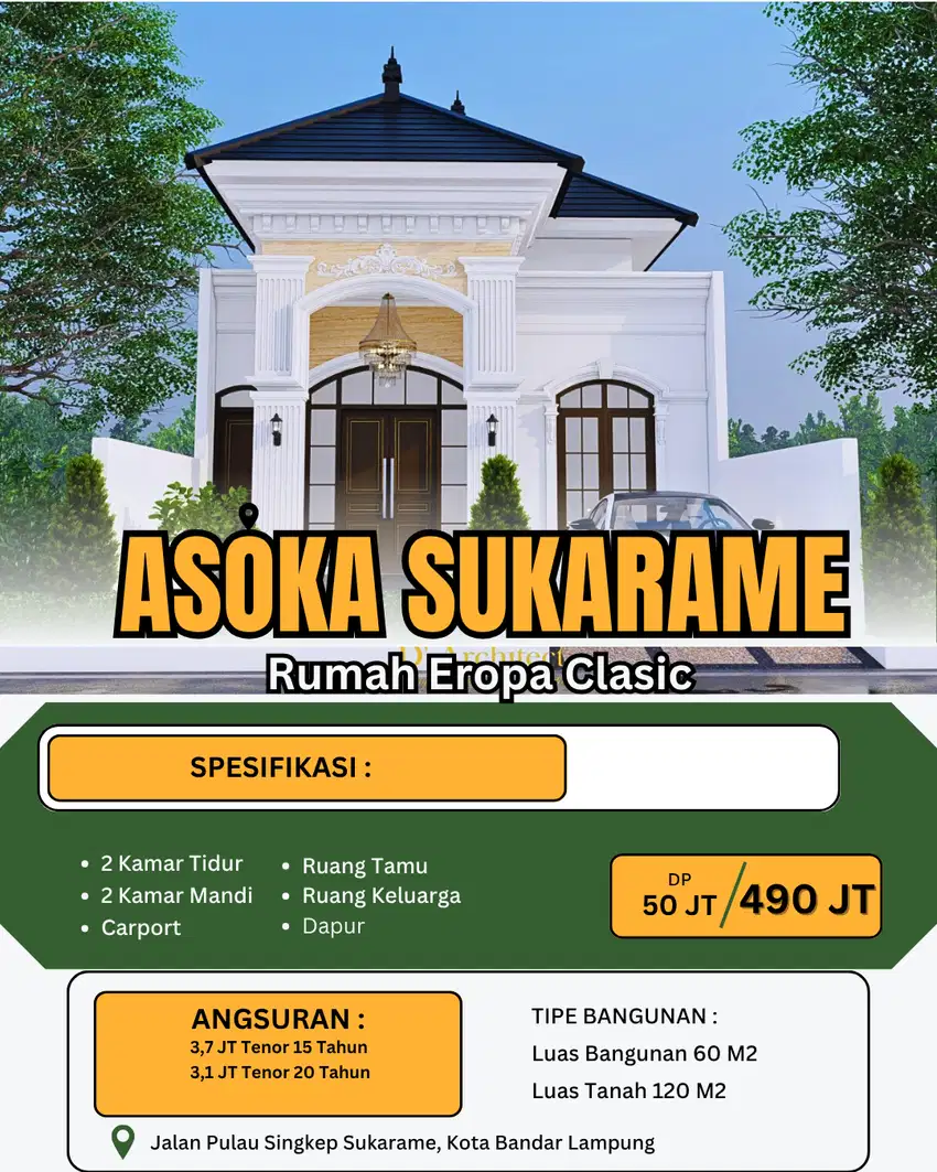 RUMAH DI SUKARAME MEWAH DP RINGAN DEKAT KEJAKSAAN NEGERI & UIN RIL