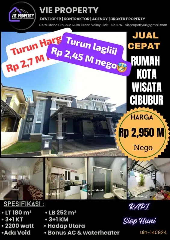 Turuh Harga Rumah 2 lantai siap huni dijual di Kota Wisata Cibubur