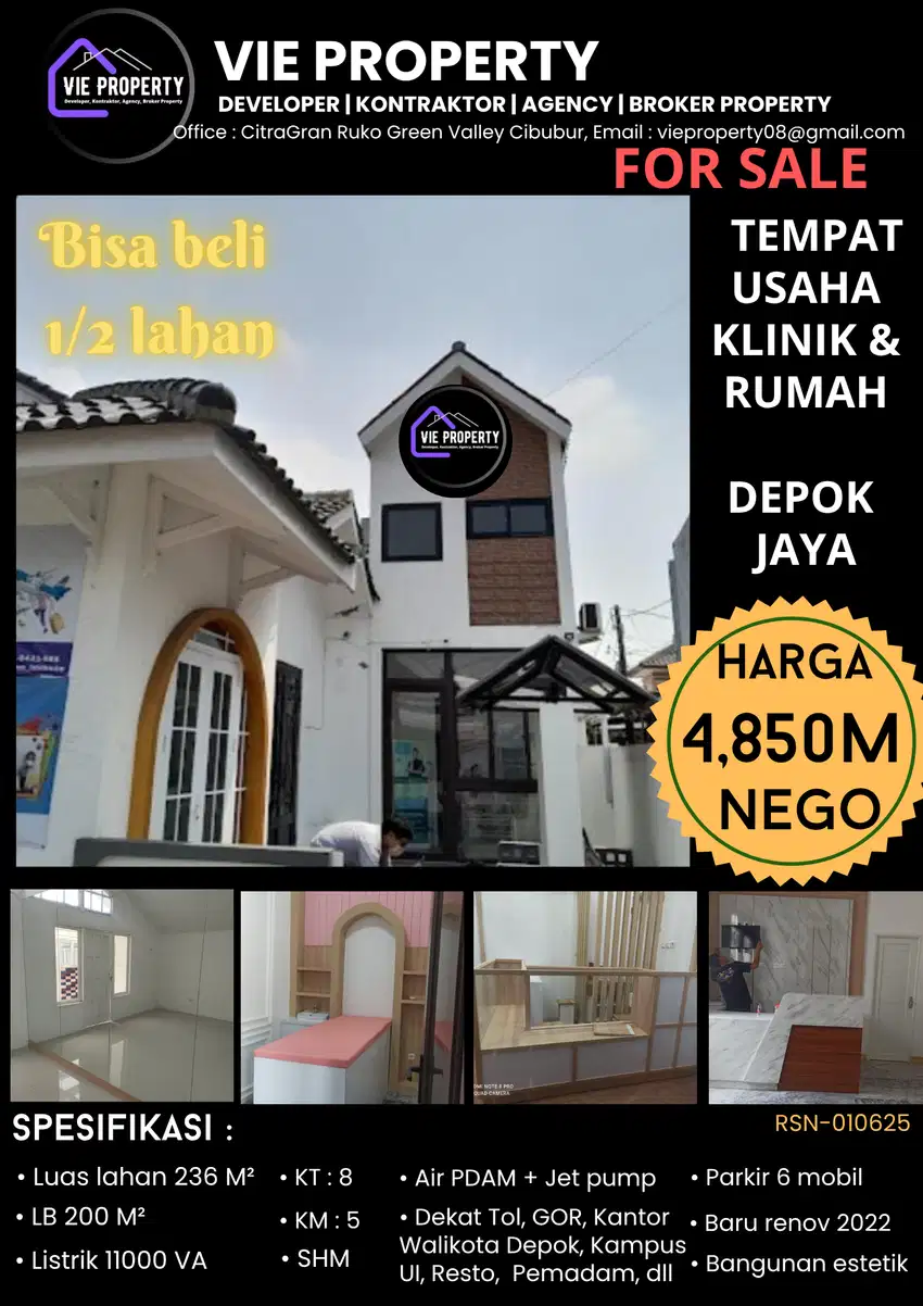 HARGA DIBAWAH PASAR  DIJUAL BANGUNAN KLINik masiih aktif di Depok Jaya