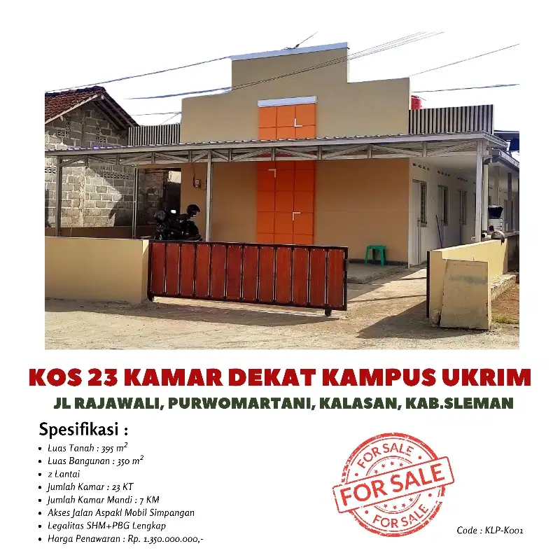 Dijual kos 23 kamar dekat kampus ukrim kalasan sleman