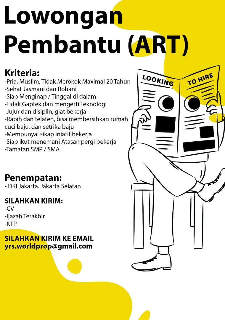 Lowongan untuk Pembantu Rumah Tangga Pria (ART)