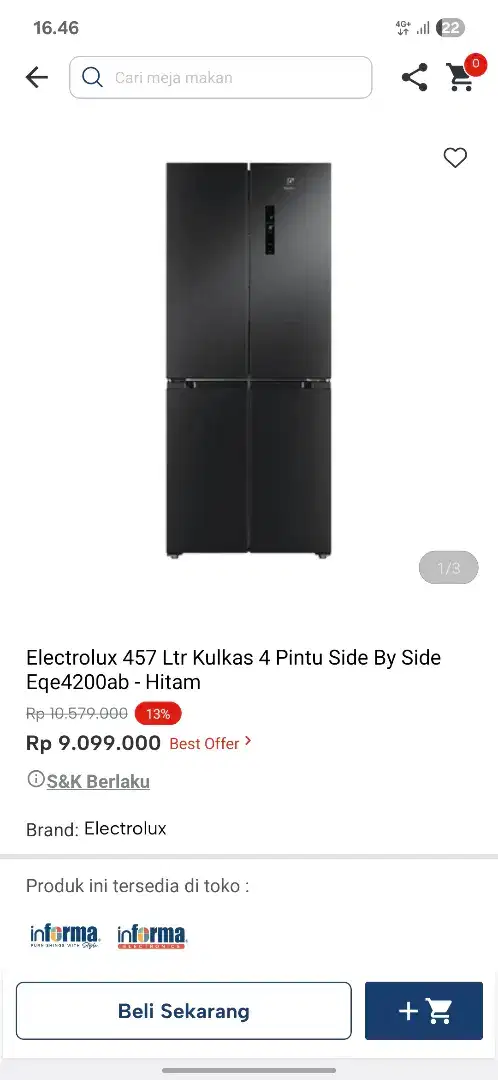 Ready stok kulkas electrolux 4 pintu