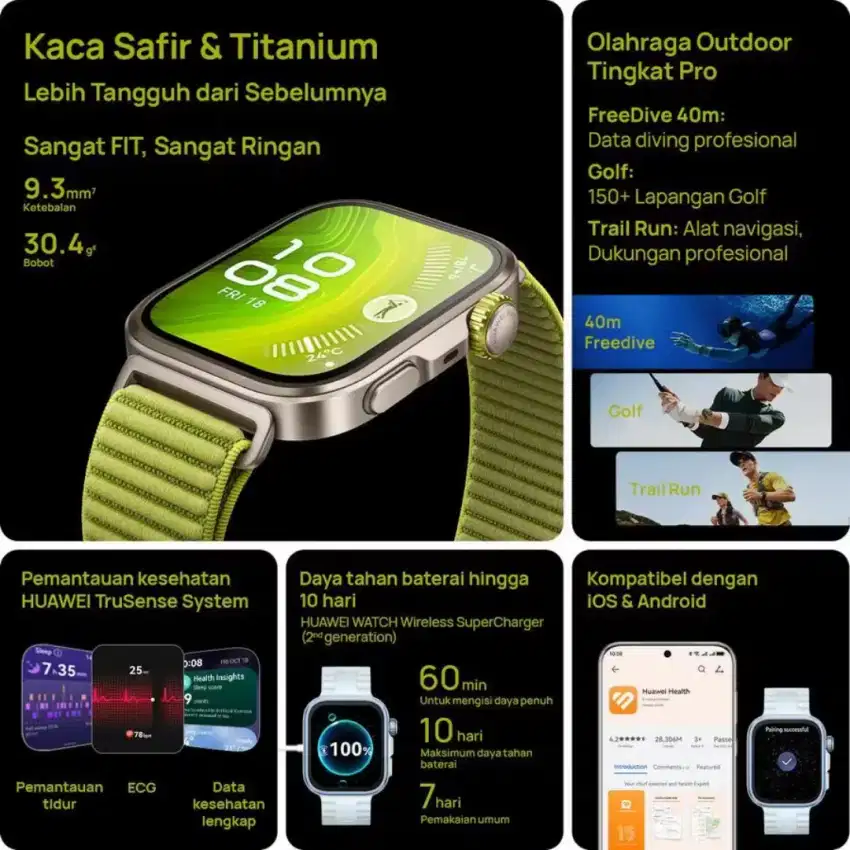 BNIB Smartwatch Huawei Watch Fit 4 Pro Green Bisa NFC GPS Segel Baru