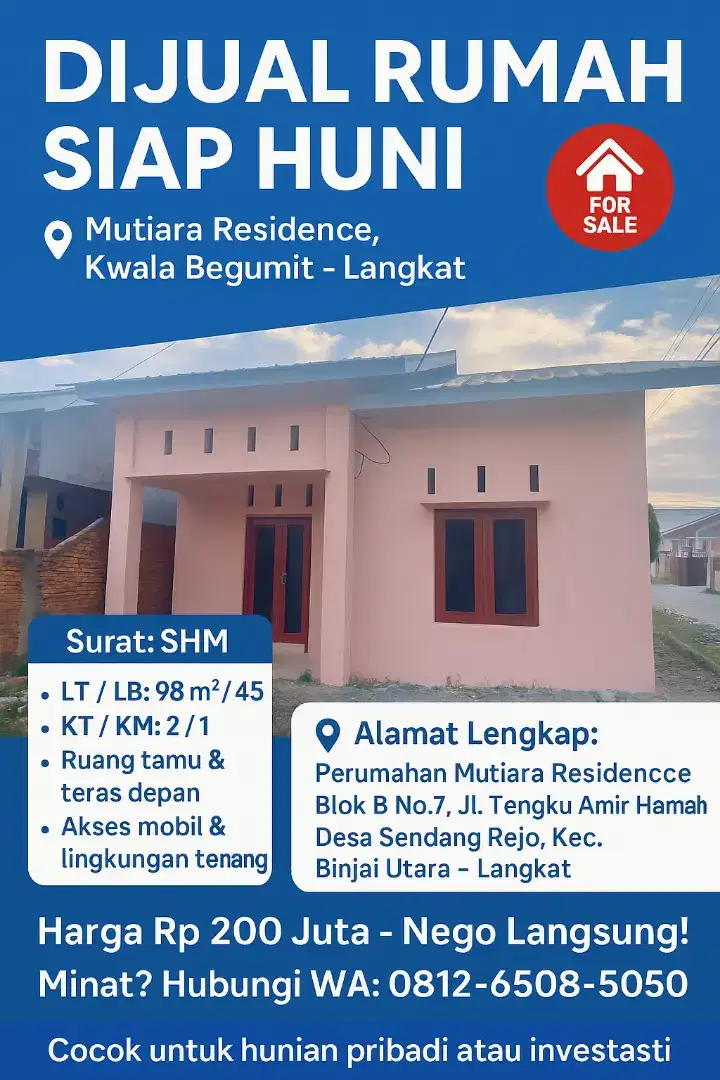 Dijual Cepat Rumah posisi Hook di Kwala Begumit