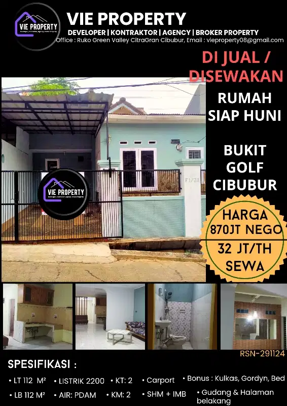 TURUN HARGA DISEWAKAN RUMAH RAPI SIAP HUNI DI CIBUBUR BUKIT GOLF