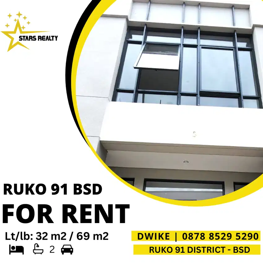 DISEWAKAN Ruko 91 District BSD, Langka, Strategis, Ada tanah belakang