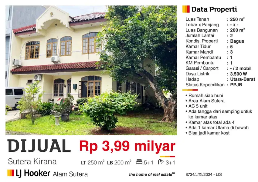 Dijual Rumah 2 Lantai Semi Furnished Bagus di Kirana Alam Sutera