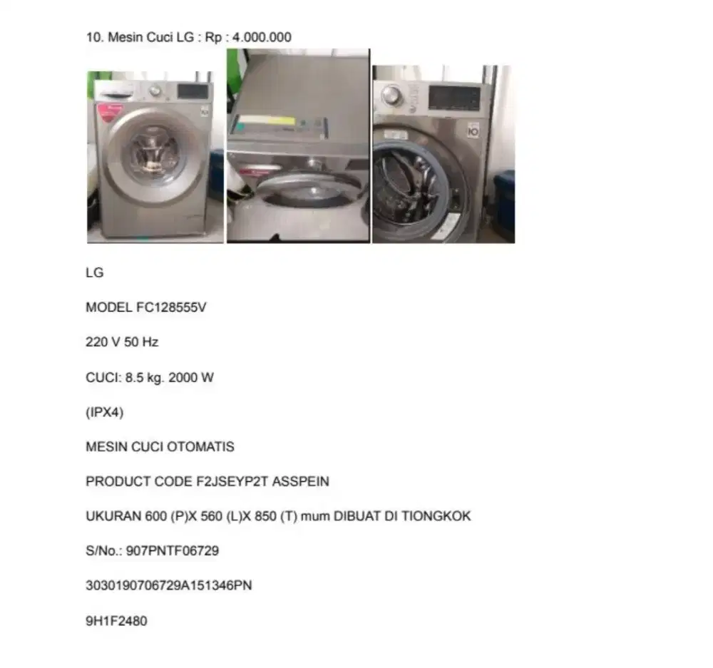 MESIN CUCI LG MODEL FC 128555V LIKE A NEW