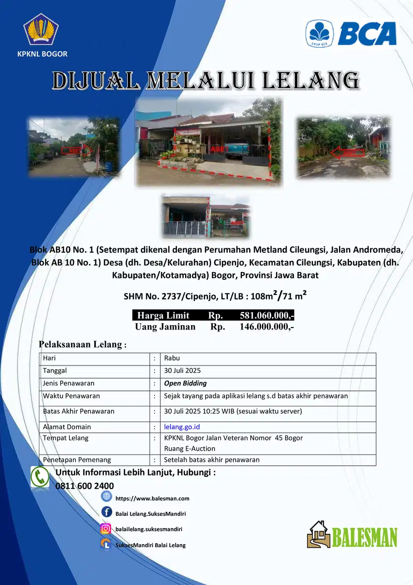 DIJUAL RUMAH MELALUI LELANG WILAYAH BOGOR