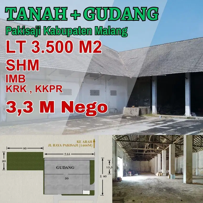 Tanah + Gudang Jatirejo Pakisaji Dijual cepat B.U Poll dekat Jl Raya