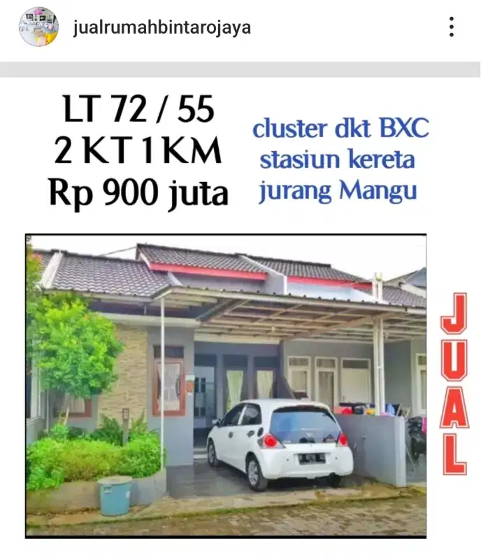 jual rumah cluster townhouse dkt bcx stasiun  Jurangmangu Bintaro