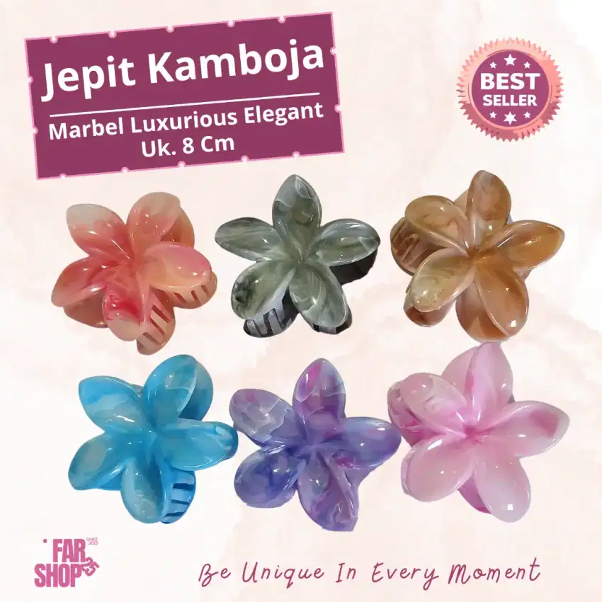 Jepit rambut kamboja 8 cm marbel marmer mewah Elegan berkilau anak