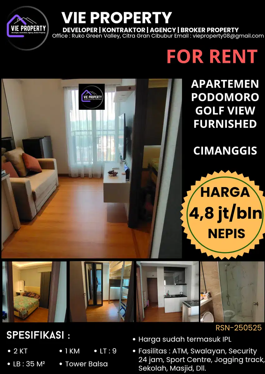 DISEWAKAN APARTEMEN FURNISHED DI PODOMORO GOLFVIEW CIMANGGIS