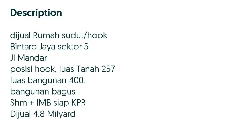 jual rumah bintaro jaya mandar posisi hook