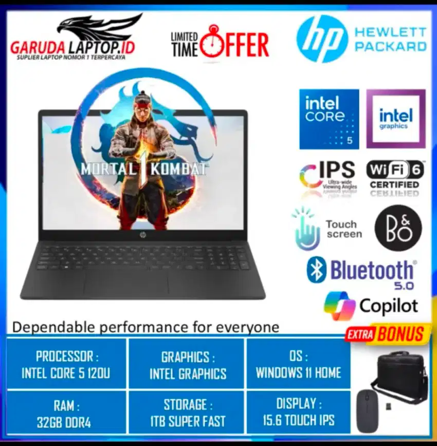 HP 15 INTEL CORE 5 120U 12GB 512GB 15.6 FHD IPS TOUCH WIN11HOME BLACK