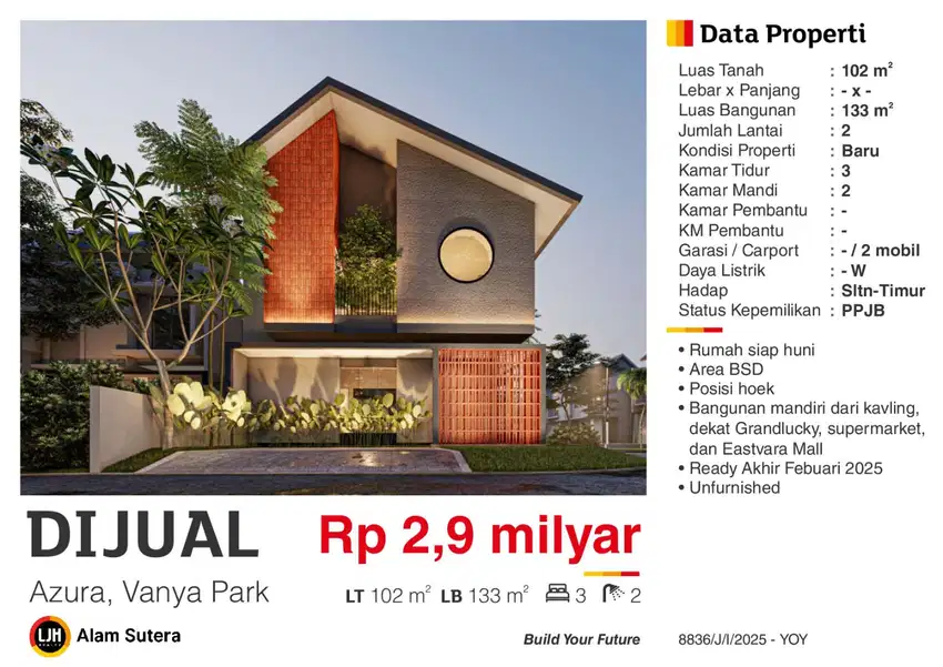 Dijual Rumah 2 Lantai Unfurnish Dekat Grandlucky & Eastvara mall BSD