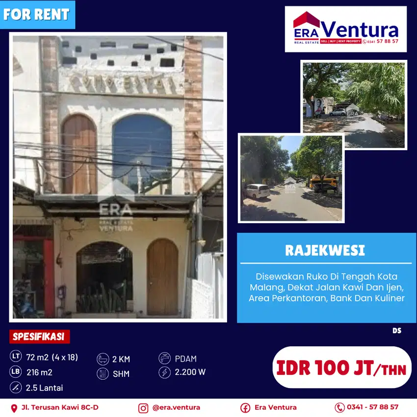 Ruko Di Tengah Kota, Dekat Jalan Kawi Dan Ijen, Area Perkantoran