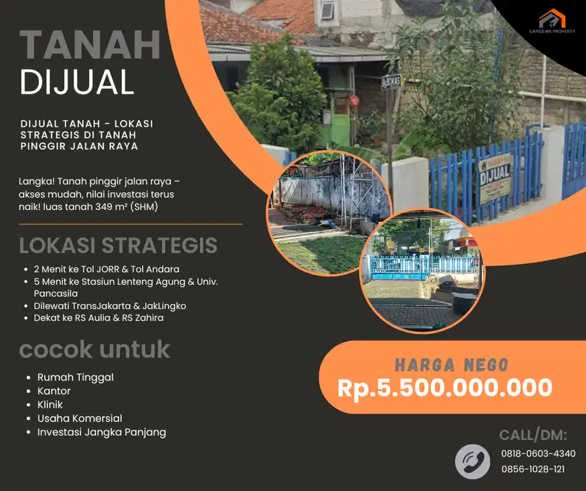 Dijual Tanah Langka! Tanah pinggir jalan raya – akses mudah