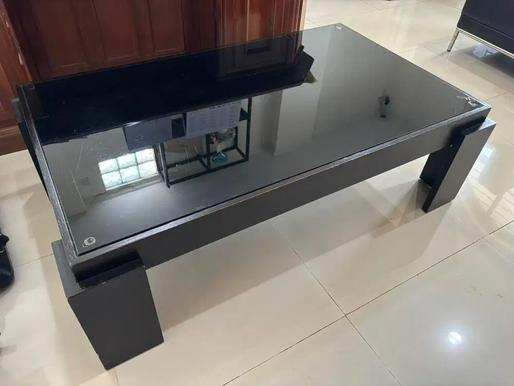 Meja CELLINI Bekas Coffee Table Dark Brown Coklat Gelap Kaca dan Kayu