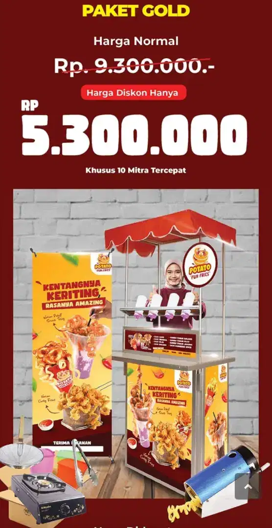 Di jual satu set rak kentang keriting dan tenda