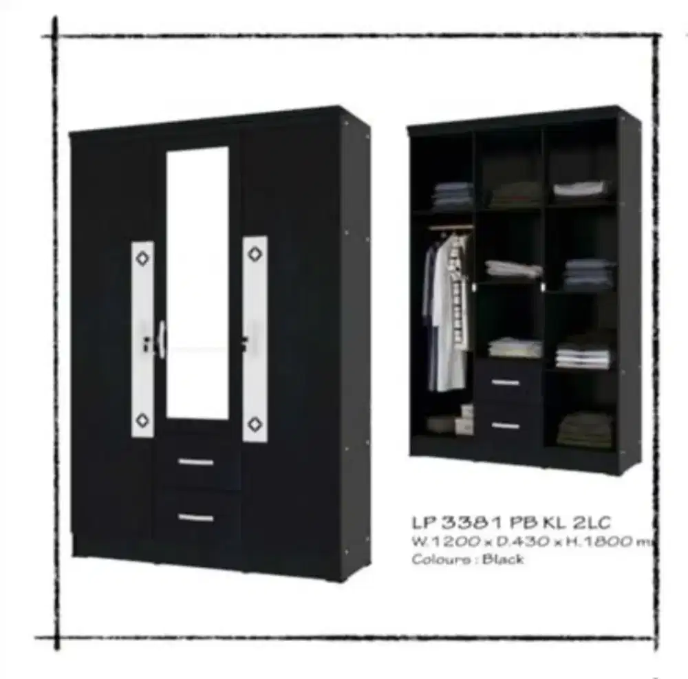 Lemari Pakaian 3 Pintu GM LP 3381 PB KL 2LC Black