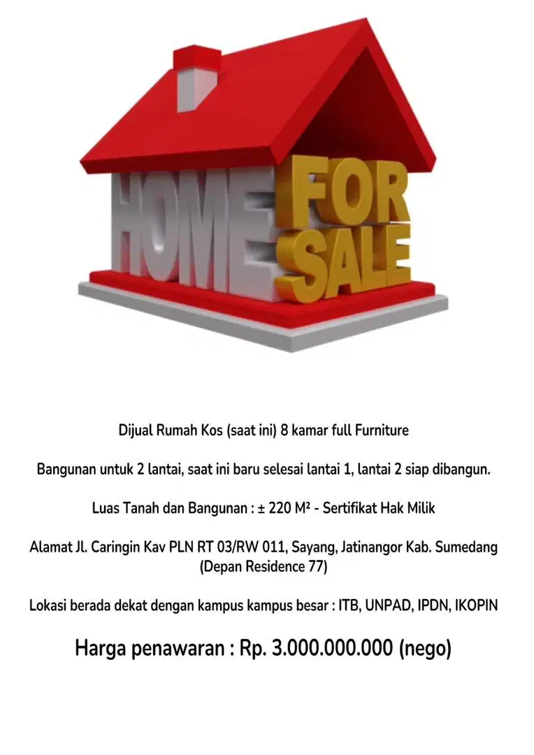 BISMILLAH DIJUAL KOS 8 Kmr+9 KM+Full Furniture+Dapur(dkt KAMPUS2BESAR)